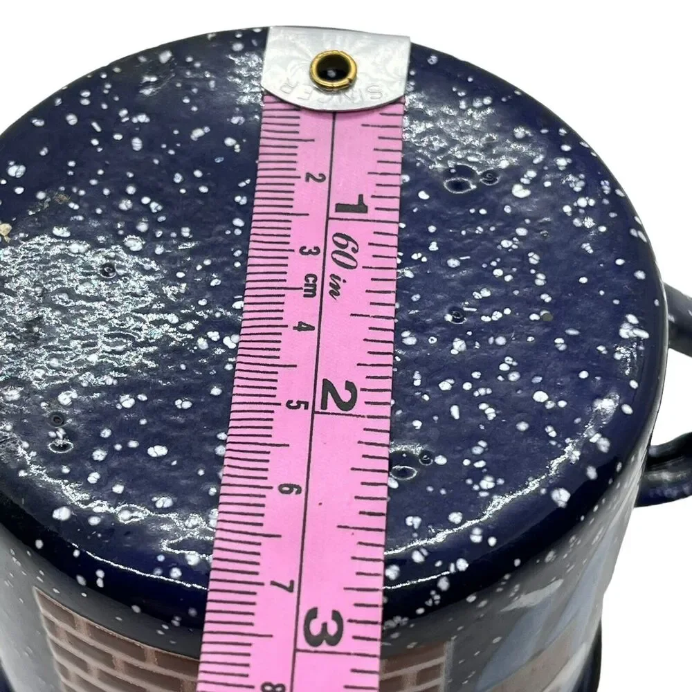 Coffee Mug Blue Speckled Enamel Graniteware Man BBQ Cooking Brick Oven Decor